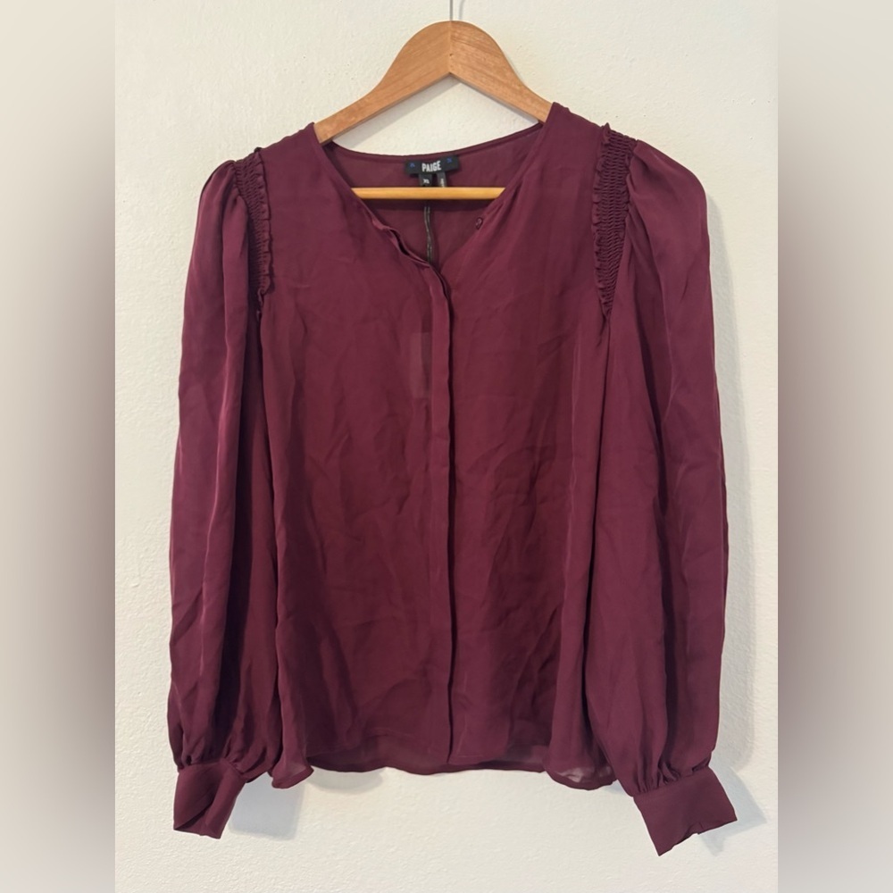 Paige Ambrosine 100% Silk Top Button Front Long Sleeve Burgundy Luxe NWT Size XS